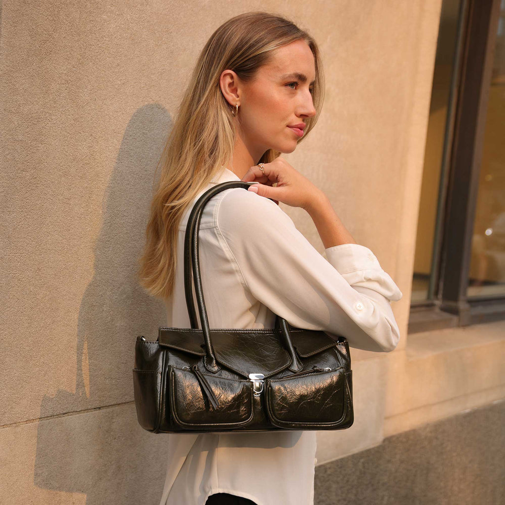 Grand Sac Épaule Froissé Fermoir Poussoir Noir Solange vue du produit 7