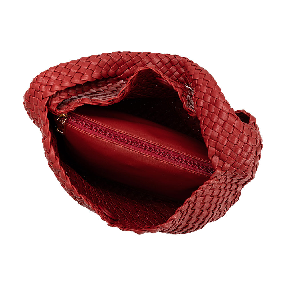 Intérieur du sac cabas tressé rouge Augustine et sa pochette zippée