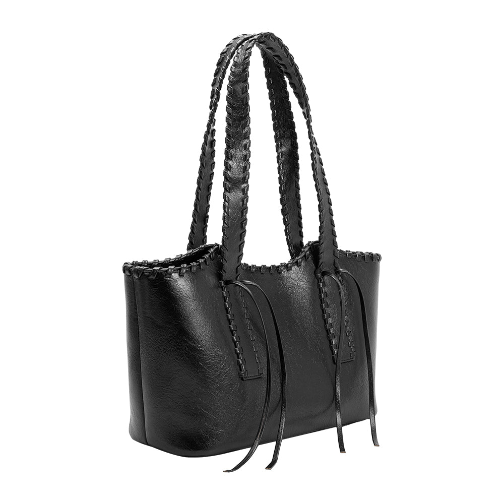 Sac cabas noir surpiqué Joséphine de trois quarts